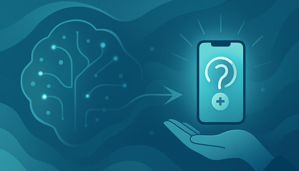 Abstract surreal illustration of clinical intelligence flowing into a glowing mobile device, representing Konsuld’s mobile point-of-care AI support.
