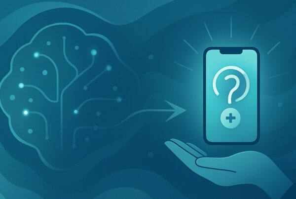 Abstract surreal illustration of clinical intelligence flowing into a glowing mobile device, representing Konsuld’s mobile point-of-care AI support.