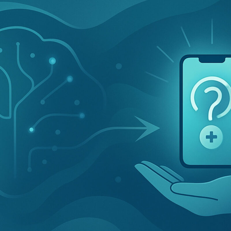 Abstract surreal illustration of clinical intelligence flowing into a glowing mobile device, representing Konsuld’s mobile point-of-care AI support.